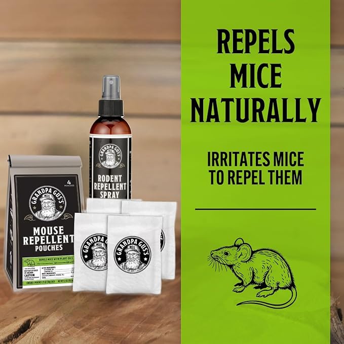 Grandpa Gus's Extra-Strength Mouse Repellent Pouches + Rodent Repellent Spray, Peppermint/Cinnamon, Home/RV, Boat/Car Storage & Machinery, 4 x 1.75 oz Pouches + 1 x 8 oz Spray