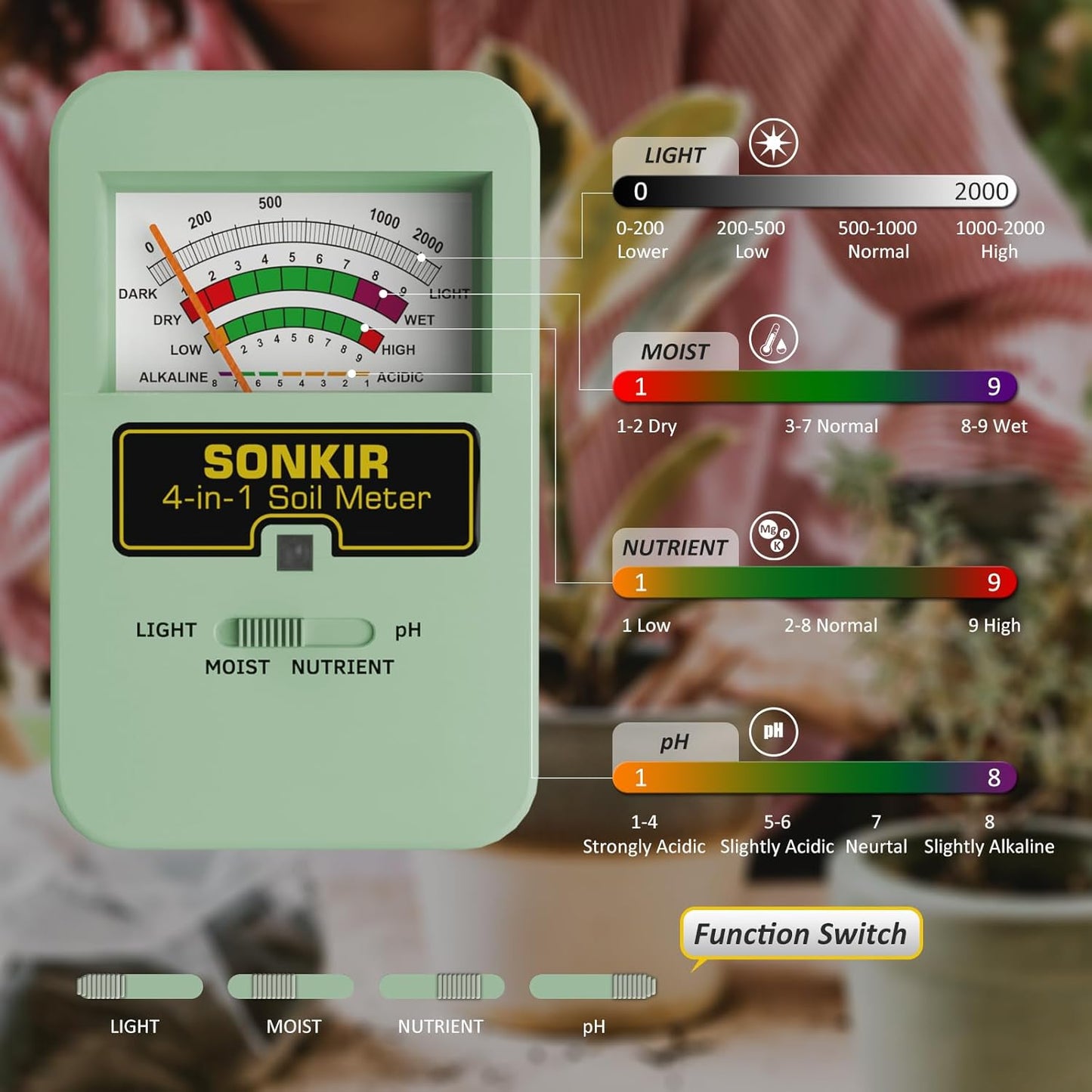 Soil Moisture Meter, 4-in-1 Soil Ph Meter, Soil Tester for Nutrients, Moisture, PH and Light, Soil Ph Test Kits for Plant, Great for Garden, Indoor & Outdoor Use (No Battery Required), Green