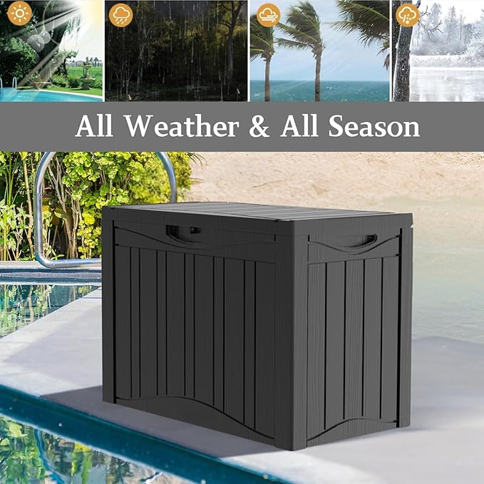 50 Gallon Heavy Duty Outdoor Deck Box with Lockable Lid, All Weather Waterproof Storage for Patio Cushions, Pool Toys, Garden Tools - Rust-Proof Resin Design (Black)
