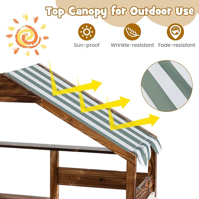 HONEY JOY Mud Kitchen with Canopy, Fir Wood Play Kitchen for Toddlers, Garden Sink, Stoves, Chalkboard, Storage Cabinet, Flowerpot, Outside Kitchen Playset, Mud Kitchen for Kids Outdoor Backyard