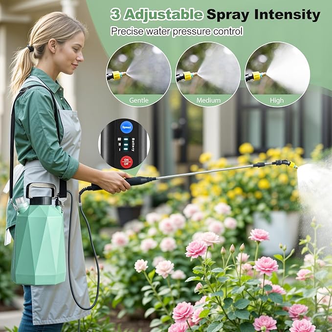 Battery Powered Sprayer 1.35Gallon/5L, 2025 Upgraded Electric Sprayer in Lawn and Garden with 3 Adjustable Force, Battery Indicator, Rechargeable Handle, Telescopic Wand,3 Mist Nozzles,Shoulder Strap