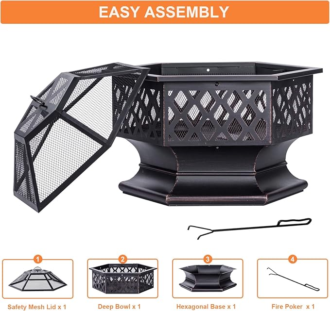 28Inch Outdoor Fire Pit, Hexagon Shaped Wood Burning Firepit for Outside Bonfire, Patio, Backyard and Camping (Antique Bronze)