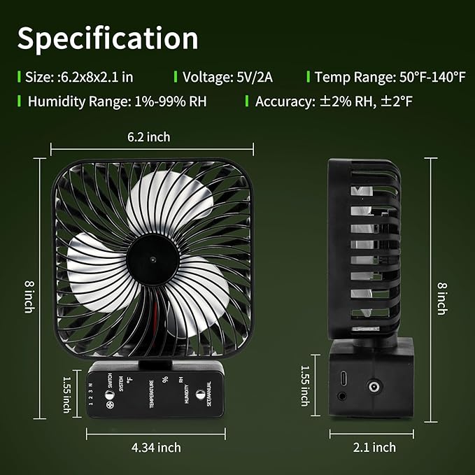 Grow Tent Fan 6”, LCD Display with Sensor, Adjustable Temp & Humidity Control, 4-Speed, 90° Oscillating Fan, Strong Airflow for Indoor Growing, Mushroom Box, Desk Use