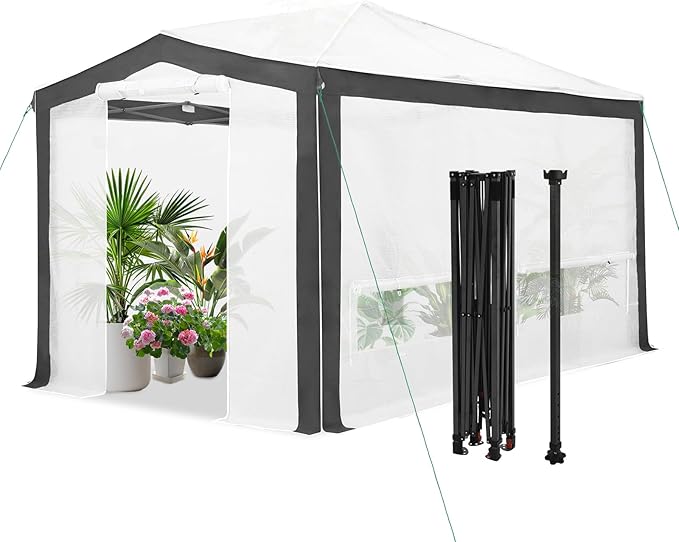 EAGLE PEAK 12x8 Portable Walk in Greenhouse with Polyester Reinforced Corners, Instant Pop up Indoor Outdoor Gardening Green House, Roll Up Zipper Entry Doors and Mesh Windows, Gray/White