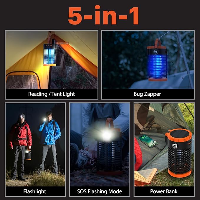 FosPower Bug Zapper Outdoor & Indoor (5-in-1) 3300V Mosquito Zapper with 29600mWh Power Bank, Rechargeable USB/Solar Charging, Flashlight, Reading Light, SOS Signal for Patio, Camping Essentials