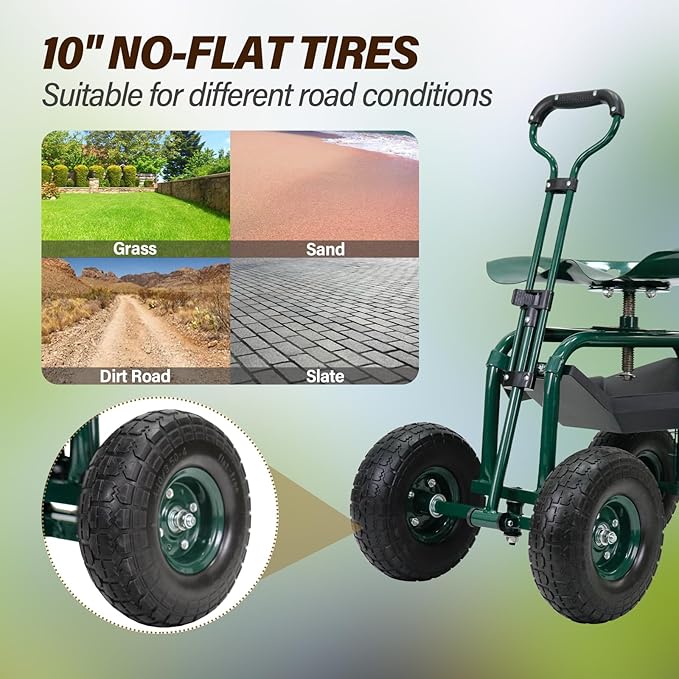 BESTHLS Garden Cart with Seat on Wheels Rolling Gardening Stool with Wheels Heavy Duty for Planting with 360 Degree Swivel Seat Steering Handle & Utility Tool Tray