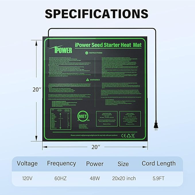 iPower 20" x 20" Warm Hydroponic Seedling Heat Mat and Digital Thermostat Control Combo Set for Seed Germination, Black