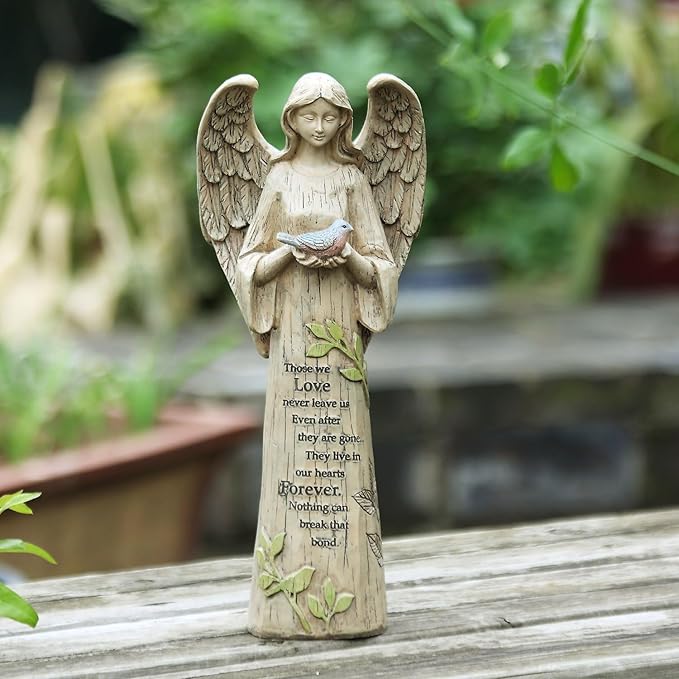 Garden Resin Angel Statue Holding with Bird, Patio and Lawn Decoration Outdoor Waterproof Sculpture Ornament for Angel Memorial Gifts Home Decoration, 10" H