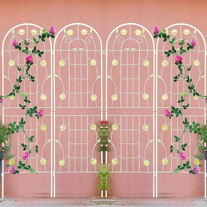 4 Pack Metal Garden Trellis for Climbing Plant Rose Stand, Cream White Outdoor 71'' Tall Flower Support Iron Garden Fence