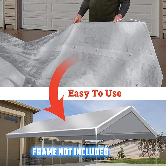 YardGrow 10x20 FT Carport Replacement Canopy Cover Garage Shelter Outdoor Carport Canopy Top Tent Shelter Tarp, Canopy ONLY (Silver)