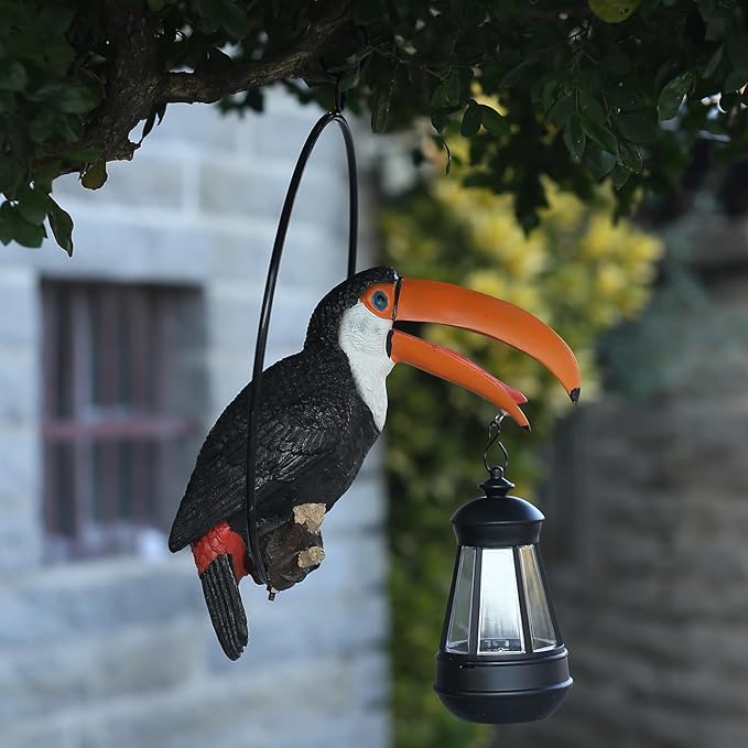Solar Toucan Tree Hug Tree Decoration Hanging Garden Statue 12.5-inch Resin Tropical Animal Lawn Exotic Bird Sculpture for Lawn, Porch, Patio,Outdoors Decoration