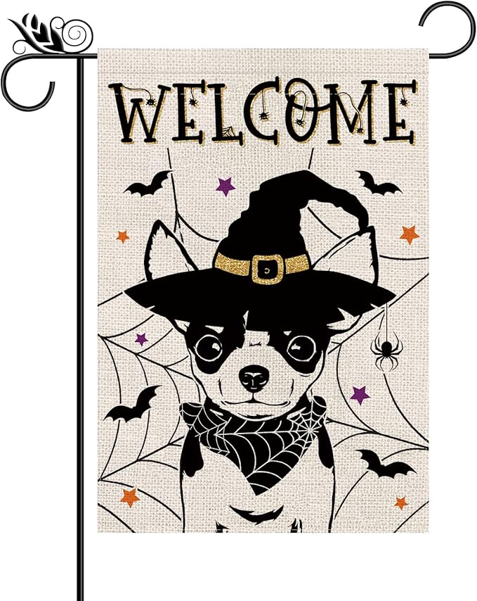 Halloween Garden Flag Chihuahua Cobweb Bats Double Sided Vertical Welcome Flag Seasonal Holiday Outdoor Yard Lawn Party Decorations 12.5 x 18 Inch