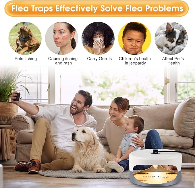 Flea Trap 2 Packs – Premium Flea Traps for Inside Your Home – Natural and Child-Friendly Light Trap for Indoor with Natural Glue Discs Refills and LED Lightbulb