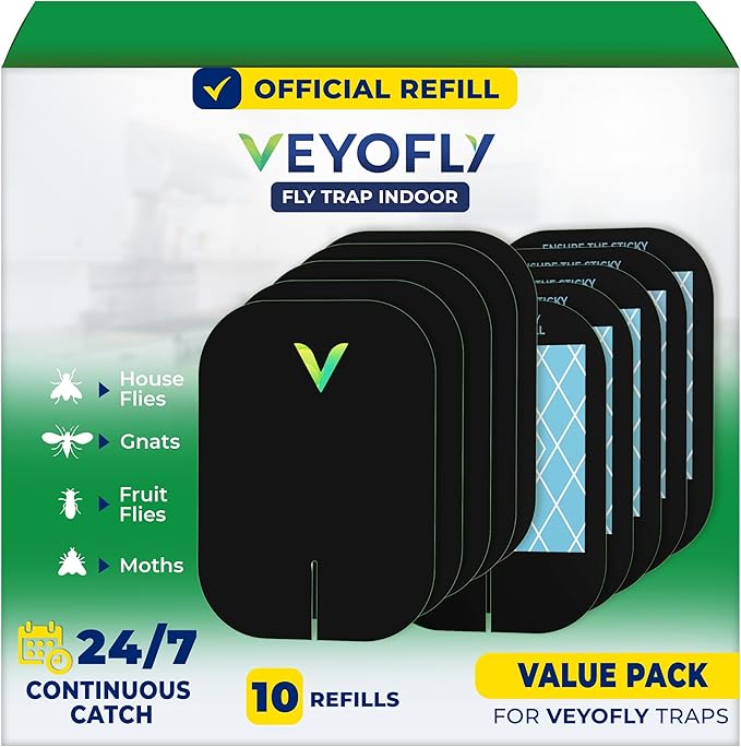 VEYOFLY Fly Trap Indoor Refill, Fruit Fly Traps, Gnat Traps for House,Fly Catcher, Fly Trap,Plug in Catch for Fruit Flies,Moths,Gnats, Mosquito Trap (Pack of 10 Refills-Black)