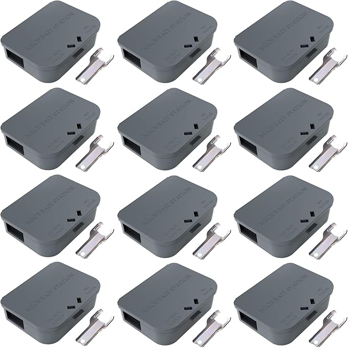 Mouse Stations with Keys 12 Pack, Keyless Design and Key Required Mouse Stations, Mice Stations, Keeps Children and Pets Safe Indoor & Outdoor, Gray