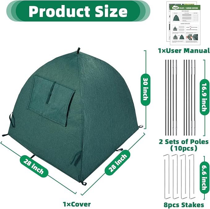 Plant Cover Freeze Protection Blanket, 28''x28''x30'' Outdoor Garden Fabric Cover with Poles and Stakes for Winter Frost, Shade Cloth Plant Guard for Shrubs, Small Trees, Green
