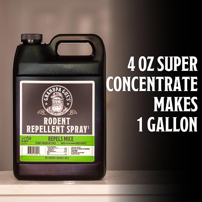 Grandpa Gus's Super Concentrate Rodent Repellent, 4 oz Makes 1 Gallon, Natural Peppermint Oil Spray, Humane Mice & Rats Control for Home & Garden, 4 oz