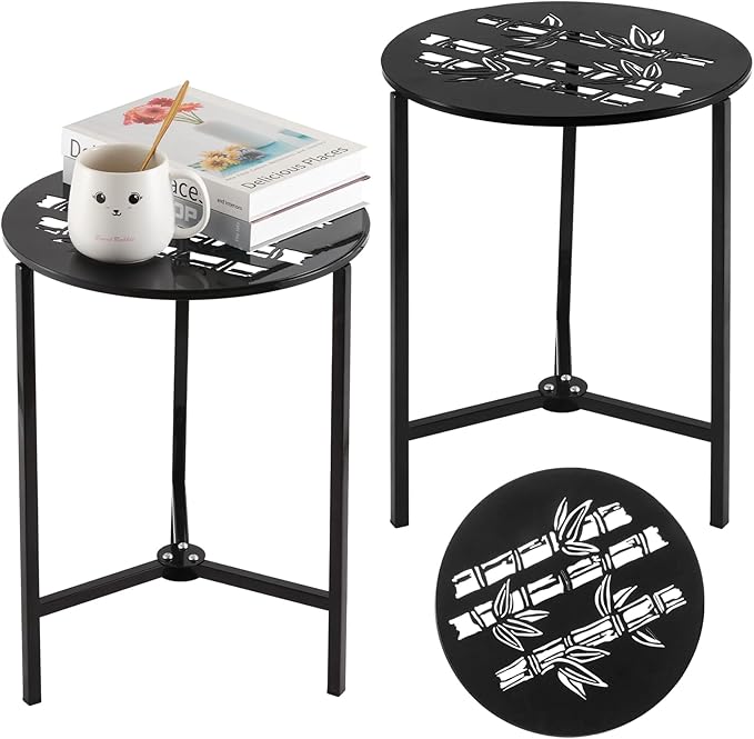 2 Packs 13" Metal Outdoor Side Tables Small Black Outside End Table for Patio Round Accent Corner Stand for Small Spaces Weather-Resistant Coffee Table for Balcony Porch Plant Stand, Bamboo Leaf