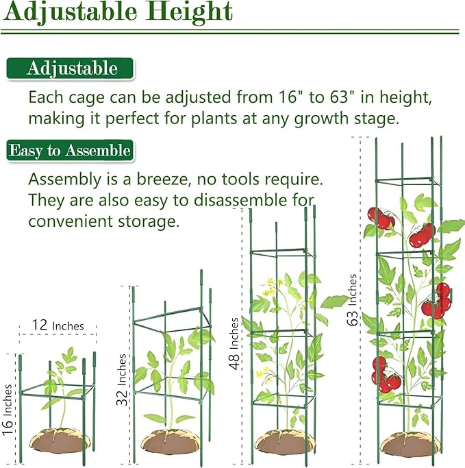 6Pack 12" Width Up to 48" Height Adjustable Square Tomato Cages for Garden, Plant Support Stakes for Climbing Vegetable, Tomatoe, Flower, with Twist Ties Snap-On Stake Arms