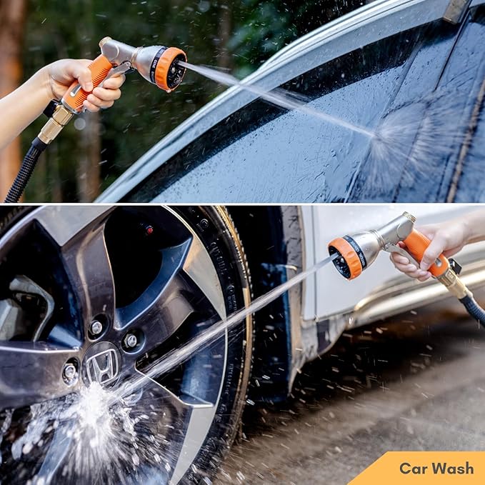 HOSUN Garden Hose Nozzle Sprayer Heavy Duty, 100% Metal Water Hose Nozzle with 8 Spray Patterns, High Pressure Hose Spray Nozzle with Non-Slip Grip for Watering Plant & Lawn, Washing Car & Pet, Orange