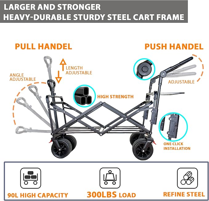 SKYMANOR Collapsible Wagon Folding Garden Cart with Removable Canopy Utility Wagon Cart with All-Terrain Wheels Brake Beach Cart for Sand Heavy Duty Beach Wagon for Camping Shopping (Black)
