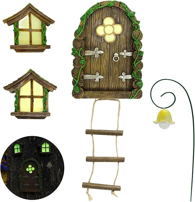 Fairy Door and Windows Garden Kit Accessories Outdoor, Glow in Dark Gnome House for Tree, Lawn Yard Art Sculpture, Miniature Garden Decor (Ladder)