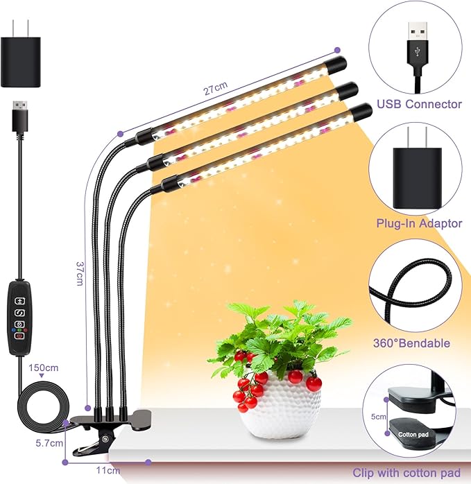 3head Plant Lights for Indoor Growing, Grow Light for Indoor Plants, Full Spectrum Growing Lamps with Clip, Auto ON & Off Timer 3/9/12H, 3 Switch Modes, 10-Level Dimmable Brightness