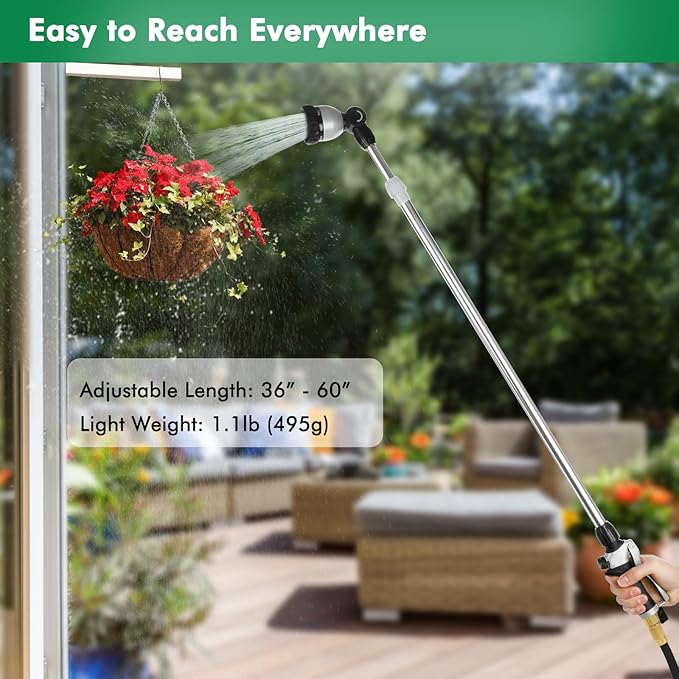 RESTMO Metal Watering Wand, 36”-60” Long Telescopic Tube | 180° Adjustable Ratcheting Head | 7 Spray Patterns | Flow Control, Perfect Garden Hose Sprayer to Water Hanging Baskets, Shrubs, Black