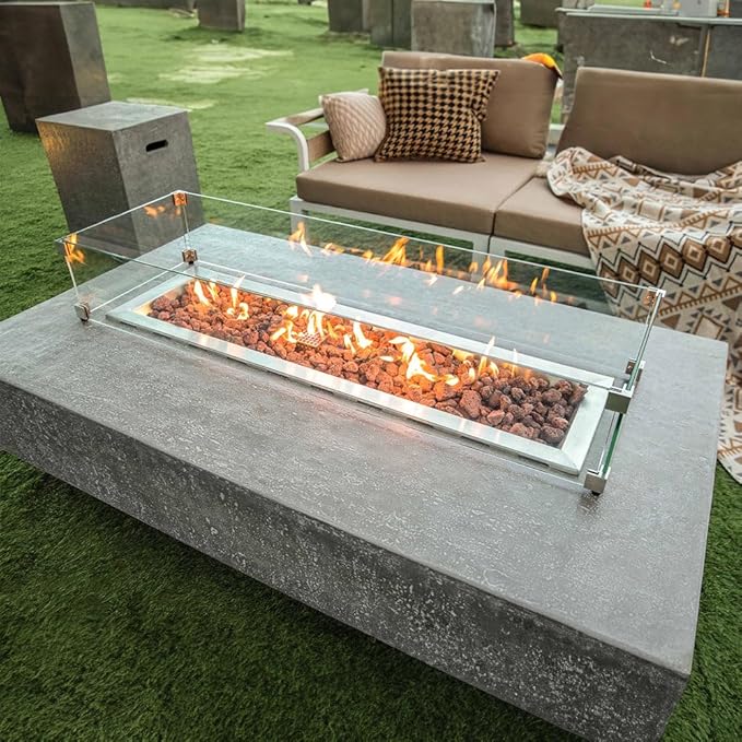 Hampton Concrete Fire Pit 56" x 32" Outdoor Patio Firepit Includes Lava Rocks Modern Fire Pits & Outdoor Fireplaces for Garden, Deck, Indoor & Outdoor Heating