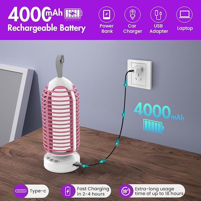 Bug Zapper Outdoor with Colorful Lighting and Auto-Sensing, 3 in 1 Cordless 4000mAh Battery Electric Fly Trap, Rechargeable Mosquito Zapper for Camping, Patios, Garden, Kitchen (2Pack-Pink)
