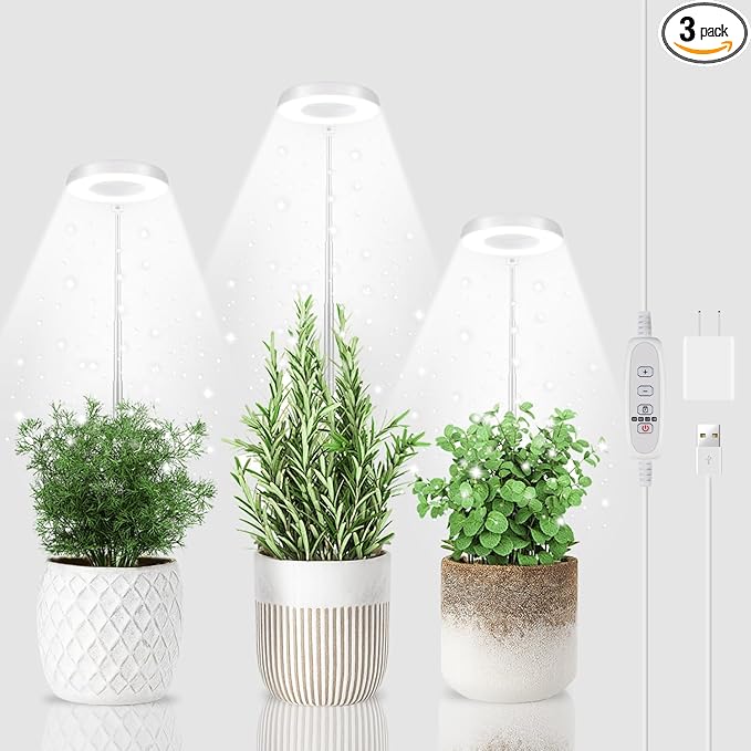 3 Pack Halo Grow Light for Indoor Plants, 6000K 48 LEDs Full Spectrum Plant Lamp with Dimmable & Timer 4/8/12/18Hrs for Succulents, Mini Bonsai, Small Plants, Height Adjustable