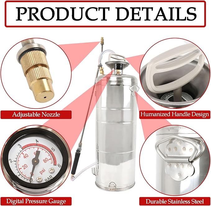 Hand Pump Sprayer Stainless Steel Sprayer for Indoor and Outdoor 3.5 Gallon Sprayer 20 in Wand 3.3 FT Hose