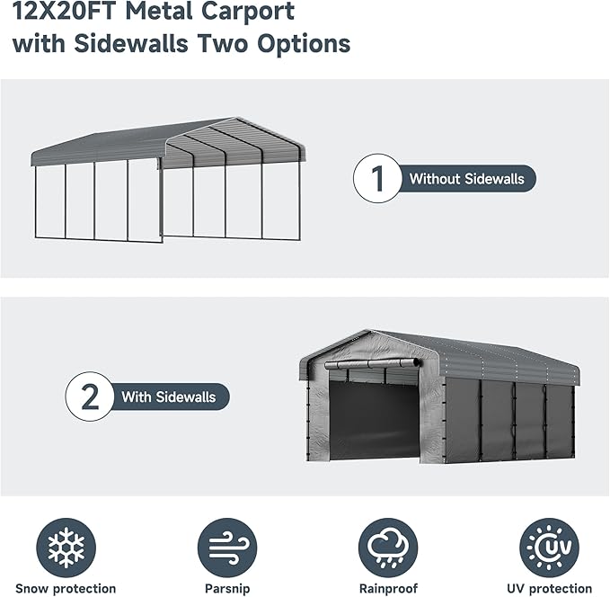 12x20FT Metal Carport Kits with Galvanized Steel Roof, Heavy Duty Metal Frame Carports Canopy with Removable Sidewalls, Garage Car Tent Shelter for Tractors, Boat, Car, Gray