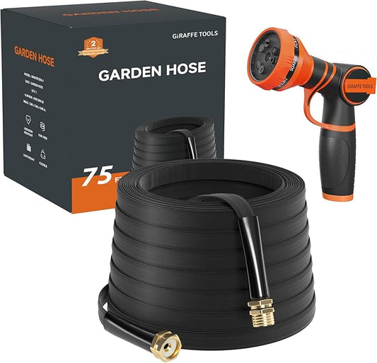 Giraffe Tools Garden Hose 75FT Lightweight Lay Flat Water Hose Kink Free Flexible Hose with 9 Spray Function Nozzle, Black