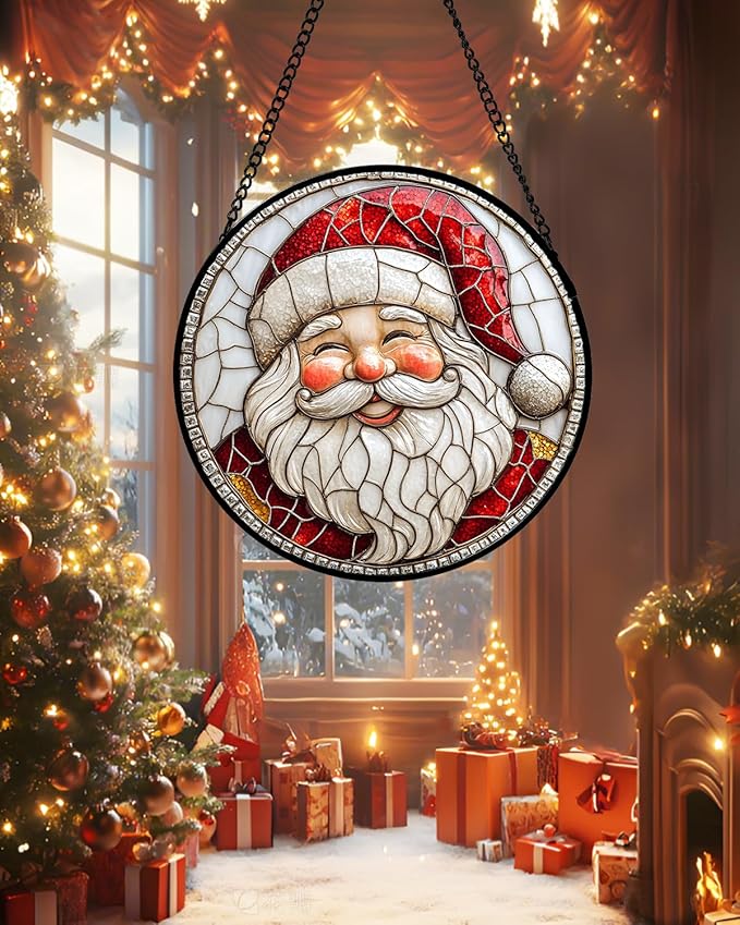 Stained Glass Window Hanging - Red White Santa Claus Suncatcher for Doors Home Christmas Decoration Winter Sun Catcher Thanksgiving New Year Birthday Gifts for Women Men Mom Nana Girl 11.8 in