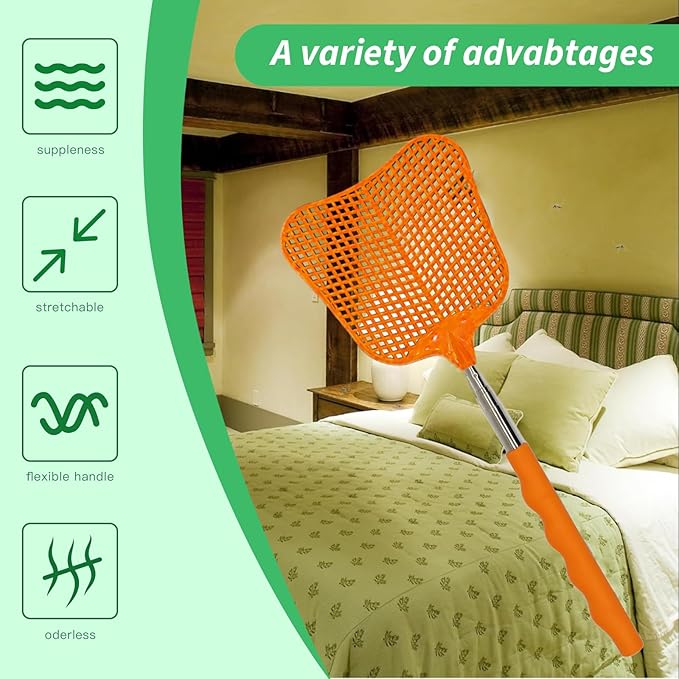 MYSTICHOME Fly Swatter 1 Pack, Durable Heavy Duty Plastic Fly Swatters, Stainless Steel Telescopic FlySwatter for Indoors/Outdoor/Kitchen/Garden (Orange)