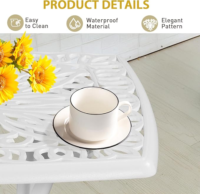 Outvita Patio Side Table, 21.3in Outdoor Square Cast Aluminum Bistro Table with Umbrella Hole and Antique Design for Backyard Porch Pool Balcony Deck White