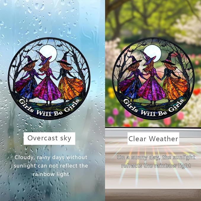 Halloween Sun Catcher - 8 Inch Round Suncatcher for Window Hanging Decoration - Creates Indoor Rainbows Light Refraction - Spooky Ghost, Witch, Pumpkin Design - Suction Cup Hook & Chain