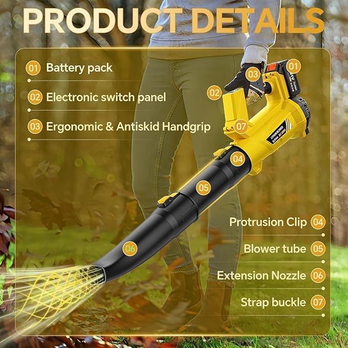 ELRINA Leaf Blower Cordless with 2 x 3.0Ah Batteries and Charger, 6-Speed Mode Lightweight Electric Blowers for Lawn Care, Yard Cleaning, Blowing Leaves, Dust, Snow Green, with Shoulder Straps