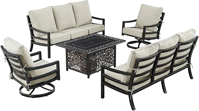 Oakland Living Black Aluminum Patio Fire Table Set with Two Deep Seating Sofa with Cushions and Two Club Chairs with Light Grey Cushions
