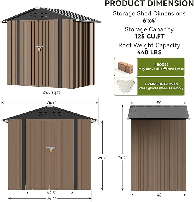 COMHOMA Shed Outdoor Storage Shed Metal,Lockable Doors Tool Sheds with Sloping Roof,Steel Garden Shed with Air Vent for Backyard,Patio,Lawn,Poolside (Brown, 6'*4')