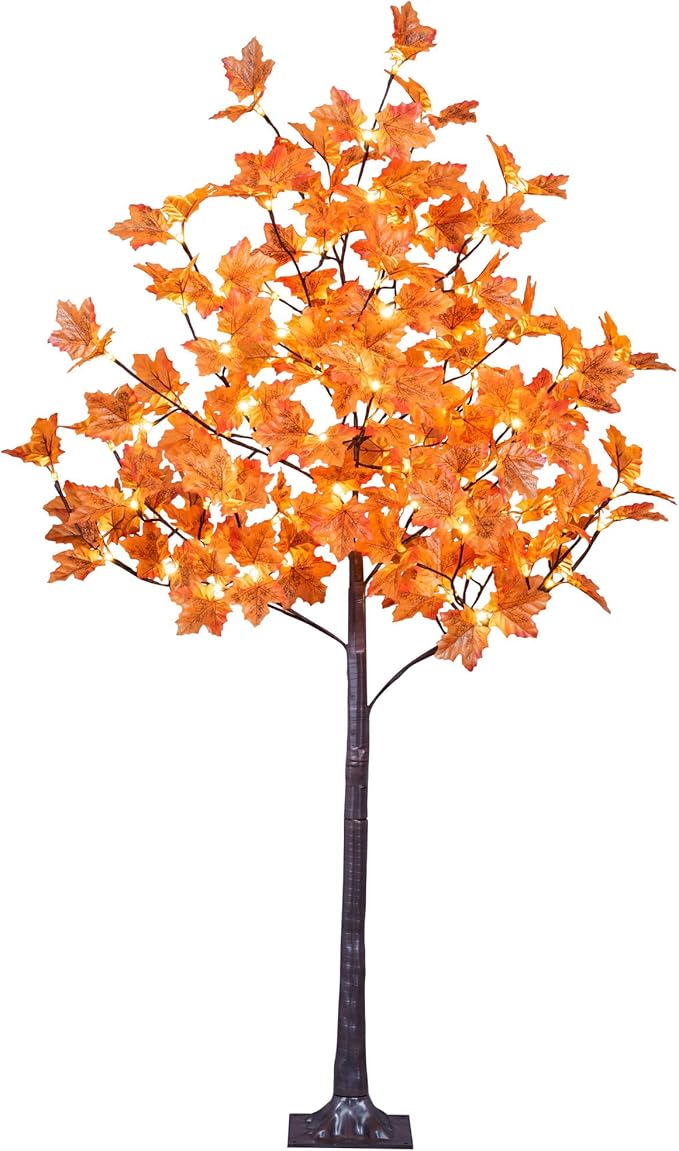 LIGHTSHARE 5FT 96LED Artificial Lighted Maple Tree Warm White Halloween Fall Decorations Indoor Ourdoor, Orange
