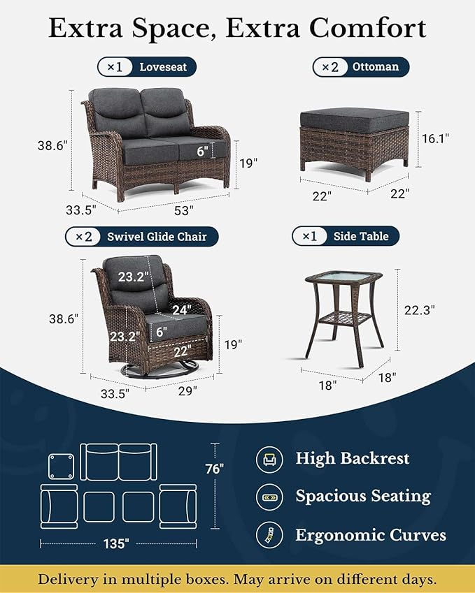 HILLGA Luxury Patio Furniture Set with 6-inch Thick Cushion, Outdoor Loveseat and High Back Swivel Rocker Patio Chairs, 6PCS Wicker Conversation Set for Deck Yard and Poolside, Dark Grey (V2)