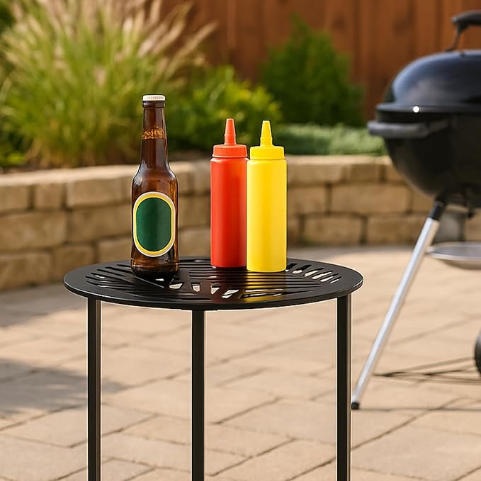 2 Packs 13" Metal Outdoor Side Tables Small Black Outside End Table for Patio Round Accent Corner Stand for Small Spaces Weather-Resistant Coffee Table for Balcony Porch Plant Stand, Pinna Form Leaf