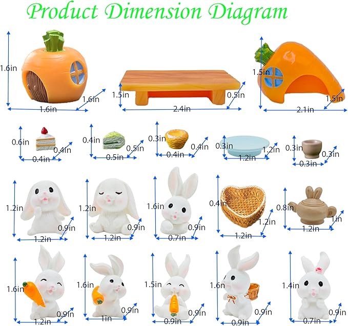 Kai Dream 39 Pcs Fairy Garden Kit - Rabbits and Carrots House,Bunnies Themed Mini Resin Figurines Indoor or Outdoor Decoration,Plant House or Patio Micro Landscapes Décor