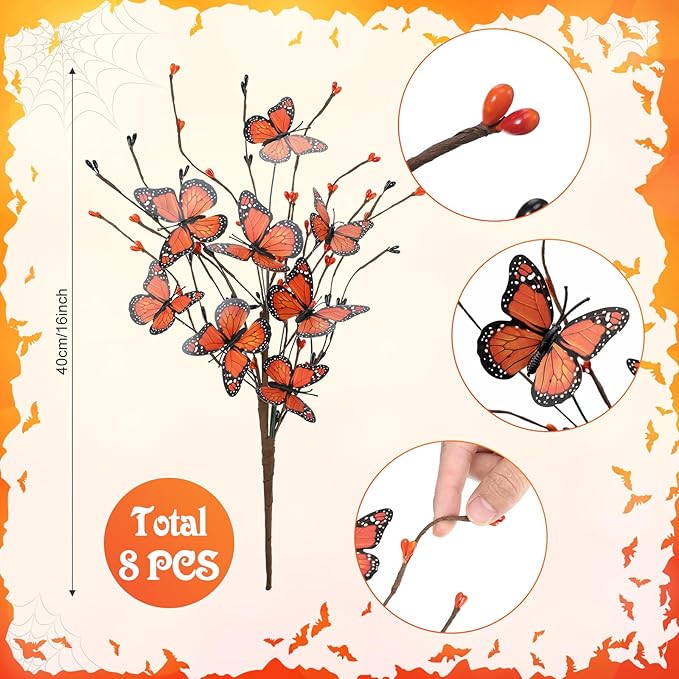8 Pcs Monarch Butterfly Day of The Dead Decorations, Artificial Butterfly Picks Flower Bouquet for Altar Vase Filler Table Centerpiece Home Decor Halloween Floral Arrangements
