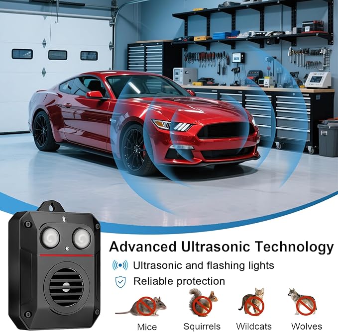 Ultrasonic Rodent Repellent with Strobe Light and Ultrasonic Wave, Effective Mouse Deterrent for Vehicle, Car, Basement, Attic, House and Garden, Keep Mice Away