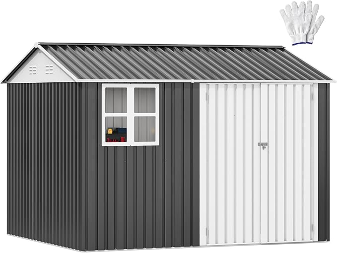 DWVO 10' x 8' Outdoor Storage Shed, Waterproof Metal Garden Shed with Windows, Lockable Doors, and Sloped Roof for Patio, Backyard, Lawn, Tool Storage, Bike Shed, Pet Shelter (Gray + White)