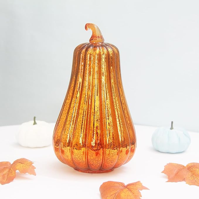 Mercury Glass Pumpkin Lights with Timer, Battery Operated Led Pumpkin Lights for Halloween Fall,Thanksgiving Rustic Decor (Gold Common, 11")
