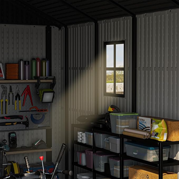 Patiowell 8 x 10 FT Resin Outdoor Storage Shed with Floor, Plastic Shed with Window and Lockable Door for Garden, Backyard, Tool Storage Use, Easy to Install in Beige (Kick-it Shed)